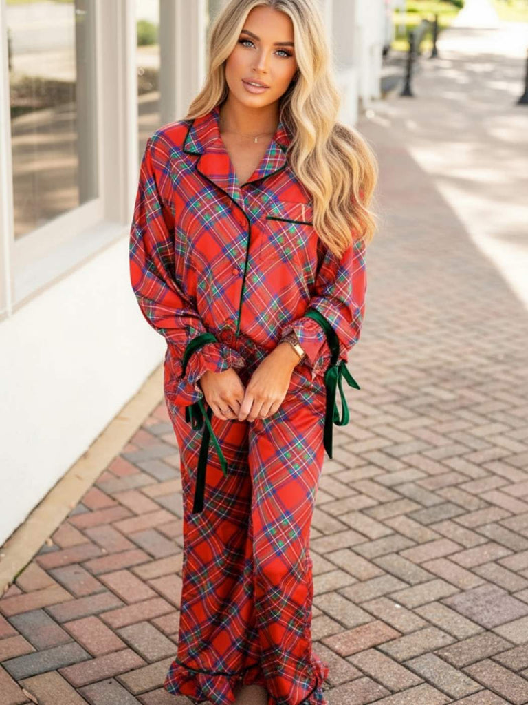 Red plaid satin pajama set with green velvet ribbon ties and ruffle hem details — Plaid Luxe Sleep Set from Oak & Pearl Clothing Co.