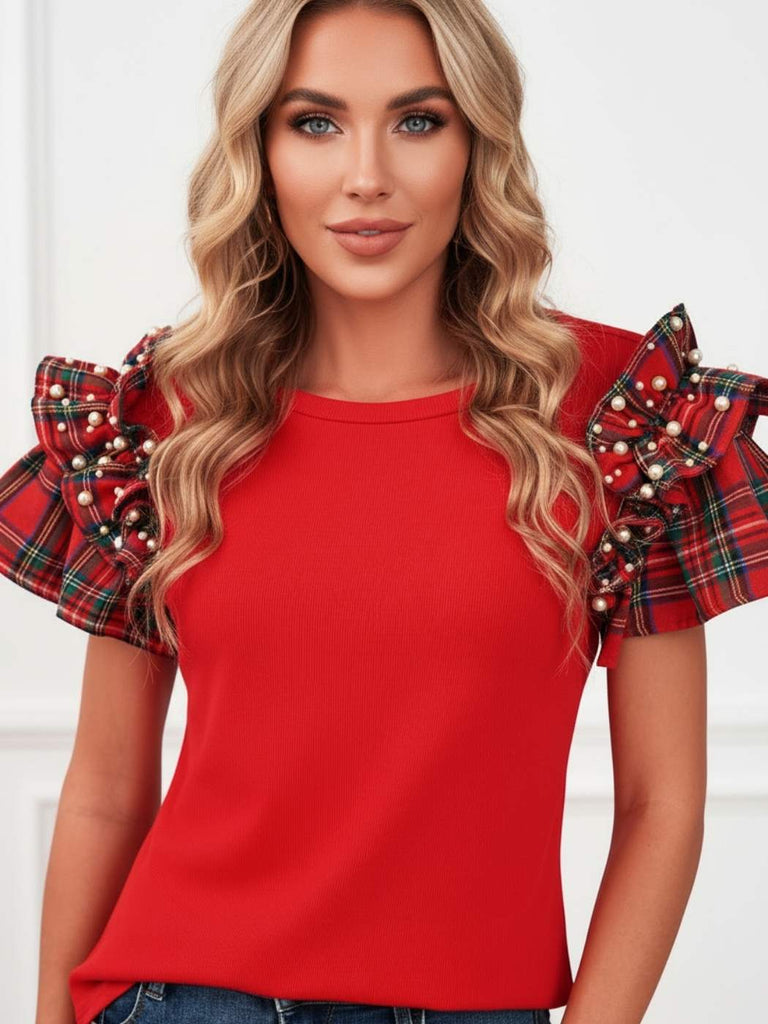 Red rib-knit top with plaid ruffle sleeves and pearl embellishments — Plaid Pearl Ruffle Top by Oak & Pearl Clothing Co.