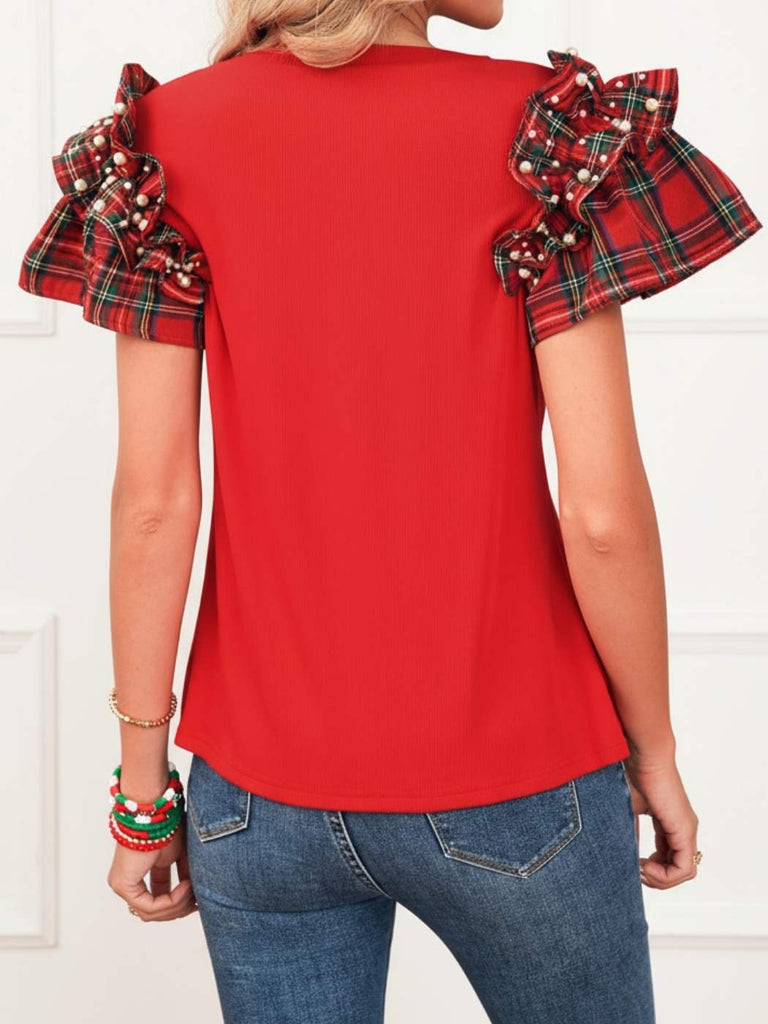 Back view of rib-knit top with plaid ruffle sleeves and pearl embellishments — Plaid Pearl Ruffle Top by Oak & Pearl Clothing Co.