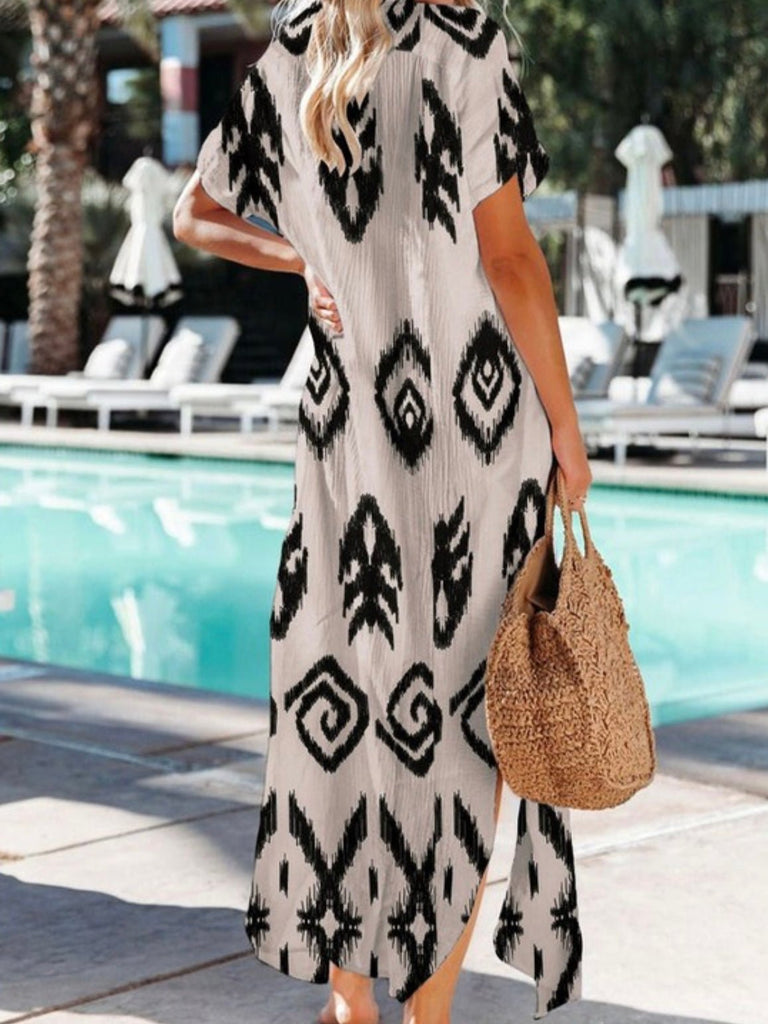 Poolside Maxi Dress, with Western print in Black and White with a button-front design, collared neckline, and short sleeves,