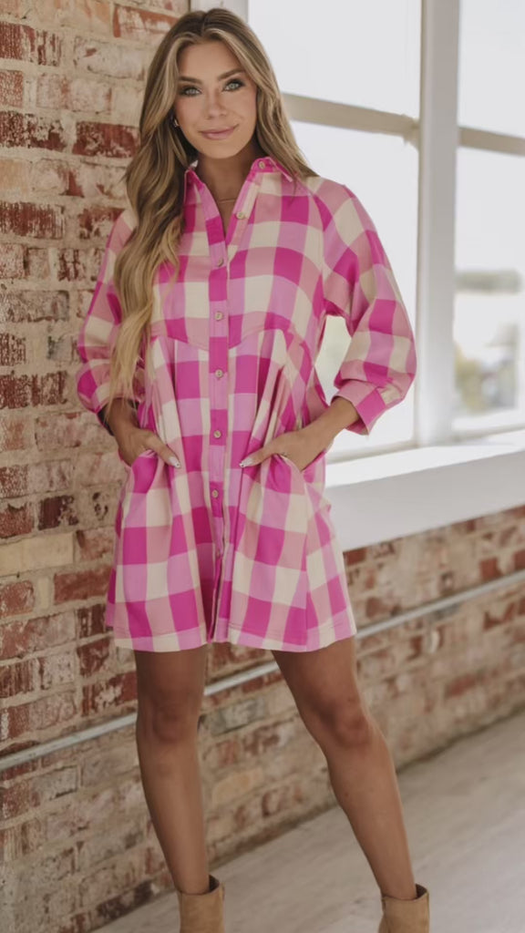 Soft pink and neutral cream plaid pattern Tunic Dress, with front pockets.