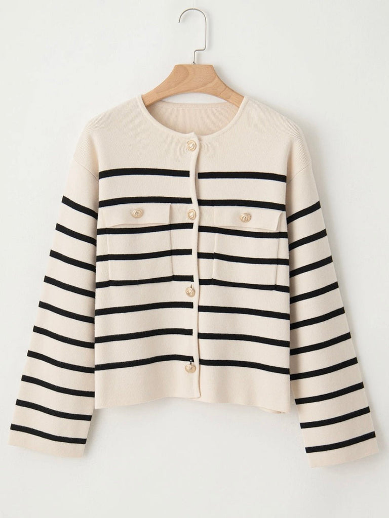  Cream and Black  Stripe Cardigan with functional flap pockets , and stylish button detail.