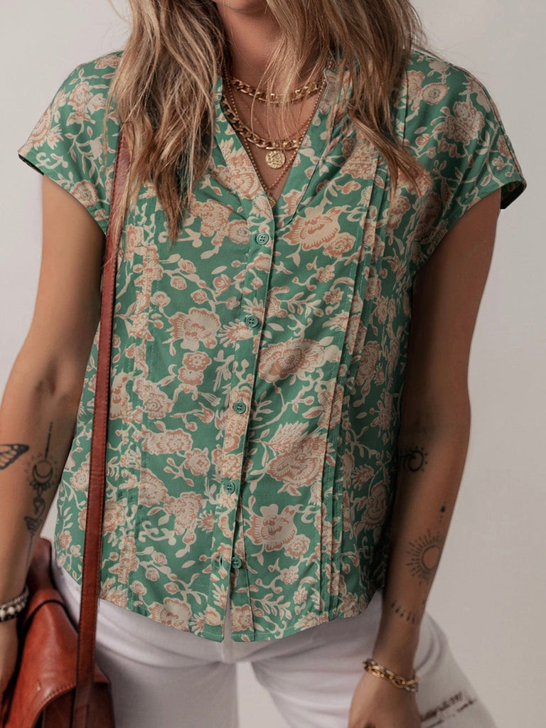 Sage green floral button up blouse