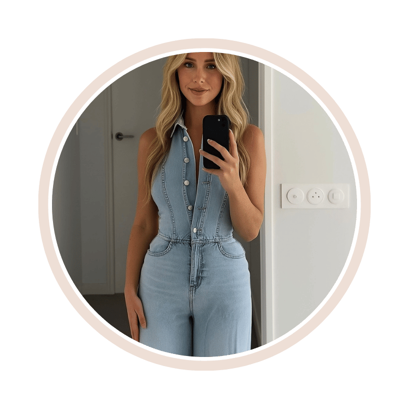 Woman taking a mirror selfie wearing a denim jumpsuit.