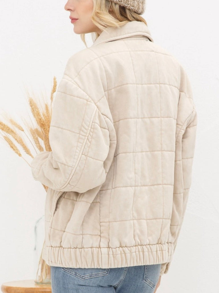 Taupe Stone Washed Quilted Jacket! With a playful oversized fit and snap close.