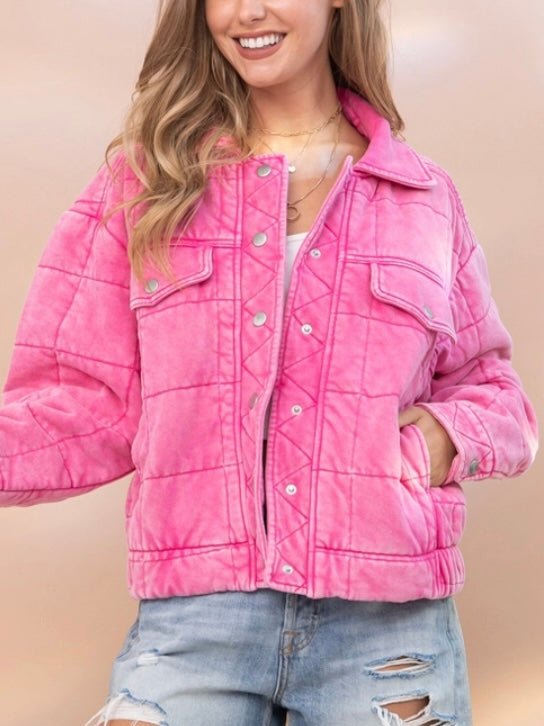 Pink Stone Washed Quilted Jacket! With a playful oversized fit and snap close.