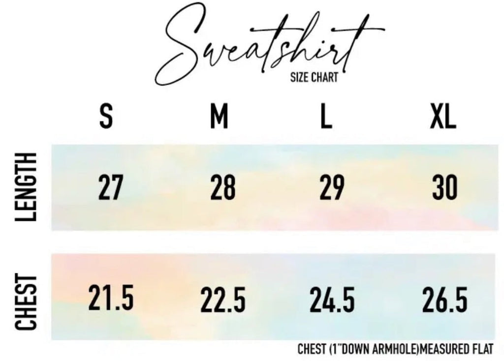 Size Chart for Beach, Weekend, Surf Sweatshirt.