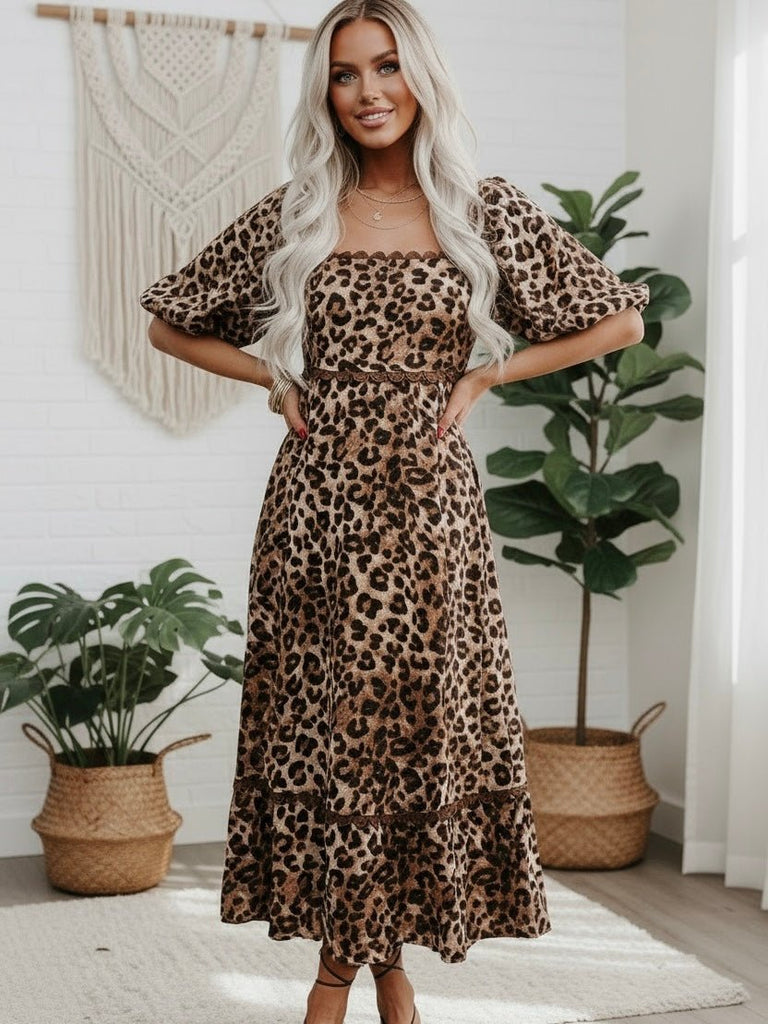 Woman wearing a Ricrac trim Brown leopard print square neck maxi dress.