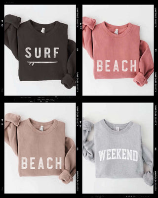 Black ,Mauve, Tan, Heather Dust , Surf , Beach, Weekend Sweatshirts ,featuring ribbed cuffs and waistband, and a classic crew neck and butter-soft fabric.