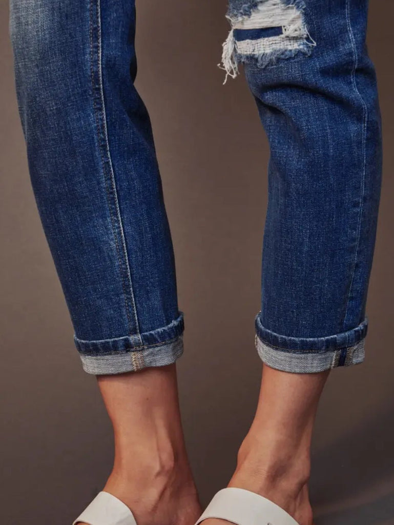 Bryce Kancan Jeans with fading and distress on the knee and patch detail that gives a worn-in rugged look.