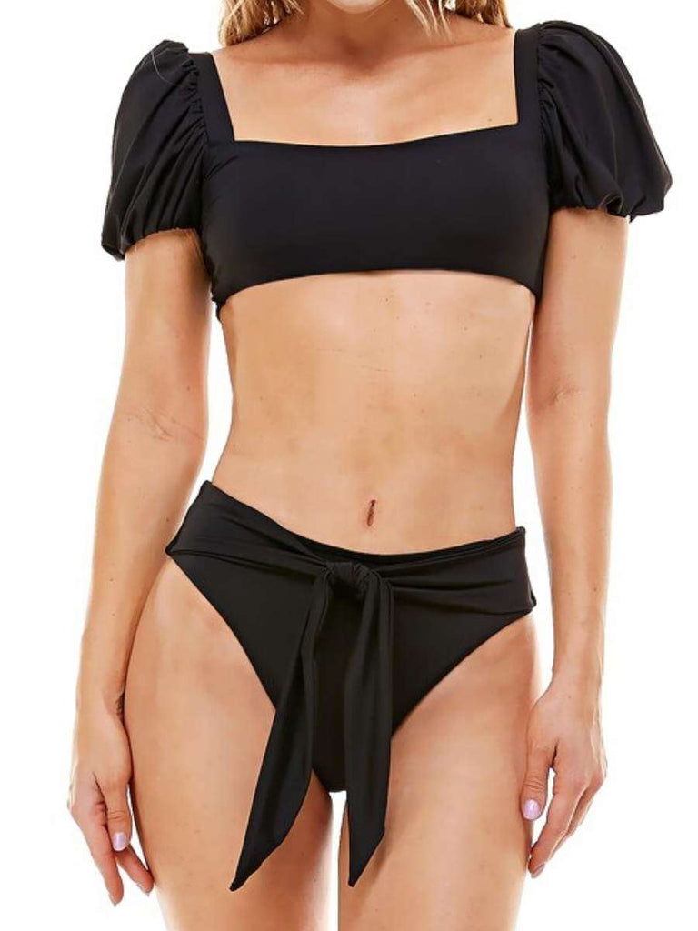 Black Bikini Set featuring a French Style square neck bikini top with short puff sleeves and a tie on the back and fully lined high waisted bottoms that also tie on the front.