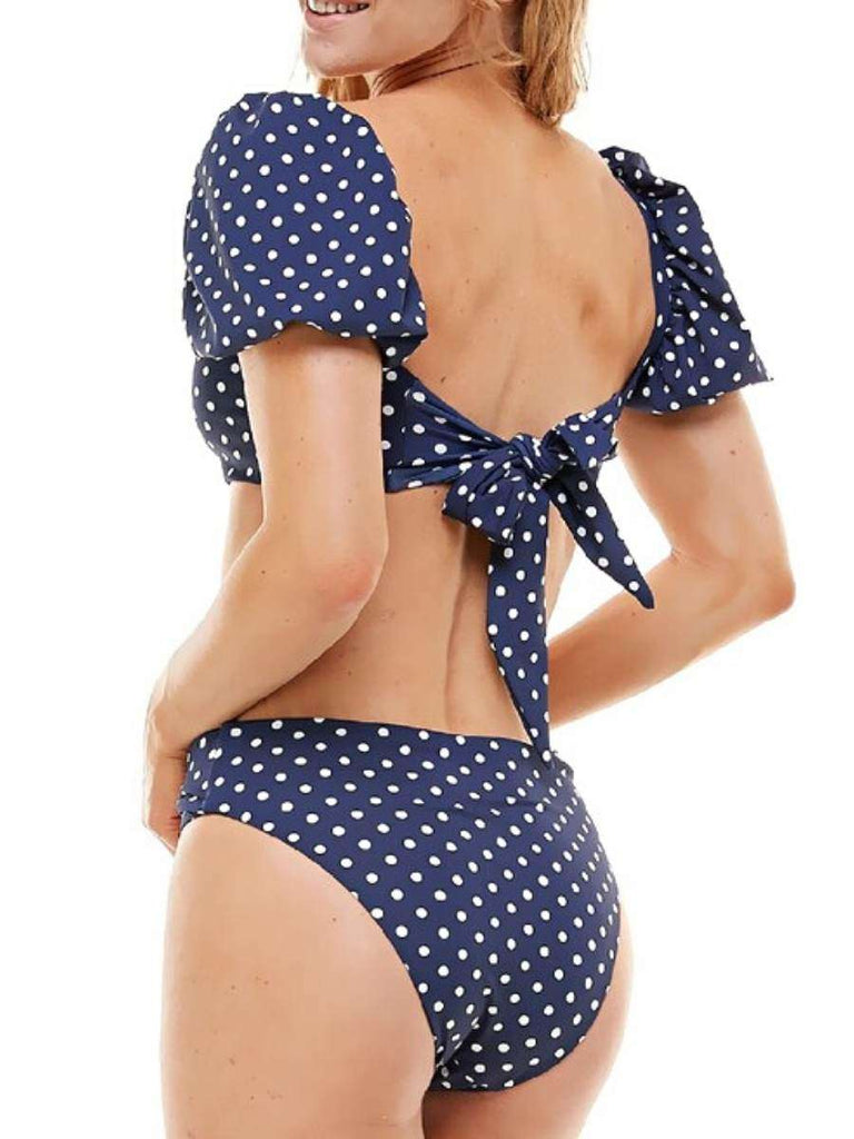 Blue Bikini Set featuring a French Style square neck bikini top with short puff sleeves and a tie on the back and fully lined high waisted bottoms that also tie on the front.