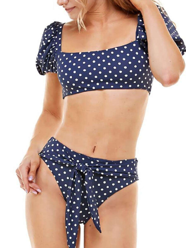  Blue  Bikini Set featuring a French Style square neck bikini top with short puff sleeves and a tie on the back and fully lined high waisted bottoms that also tie on the front.