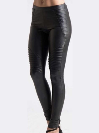 Black Faux -Leather Moto Style Ribbing on Leg, Elastic Waist Leggings.