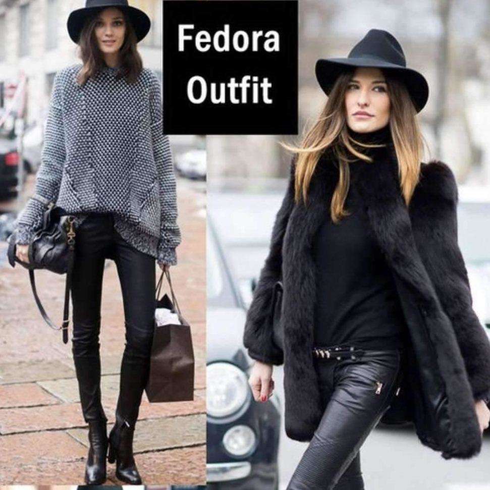 boho boutique style black fedora hat with faux leather leggings