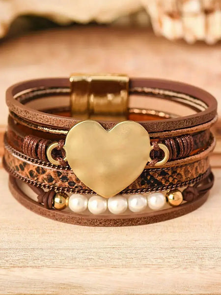 Heart & Pearls Leather Magnetic Bracelet