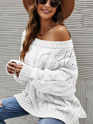 White Knit Off The Shoulder Erica Sweater with relaxed Balloon Sleeve fit.