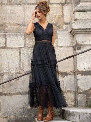 Black Dotted 100% Polyester Tulle Maxi - Dress with V-neck at the front and back and Zipped Closure at the back.