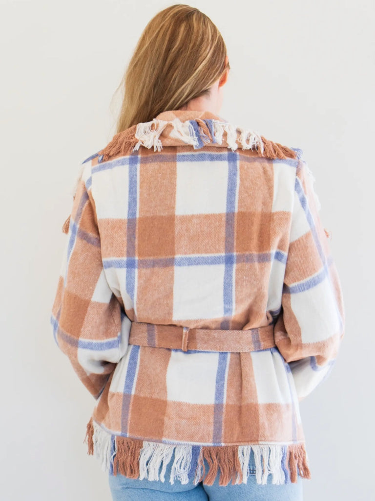 Plaid Tie Waist Wrap Jacket and tassel with a thick tie waist, or bow behind your back.