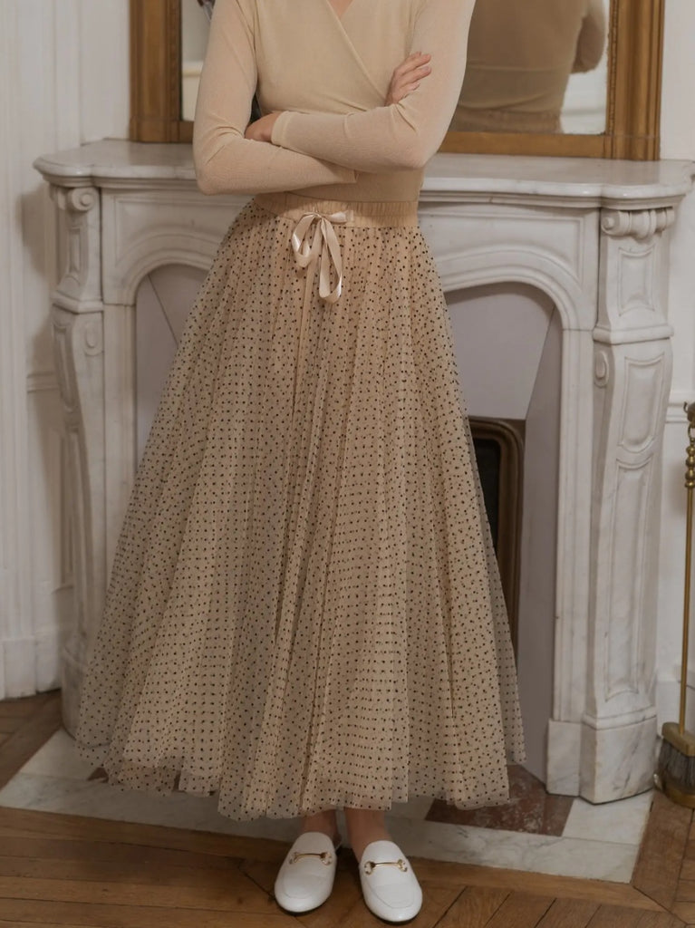 Nude Tulle Skirt with Black dots and a flared cut ,with ruffled hem.