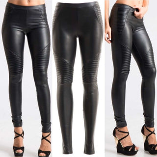 Black Faux -Leather Moto Style Ribbing on Leg, Elastic Waist Leggings.