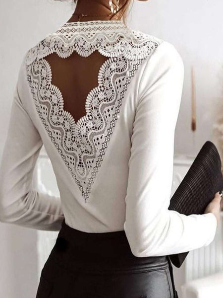 White Lace Back Long Sleeve Top has  a plunging lace back and v-neckline adorned with tiny lace detailing. 