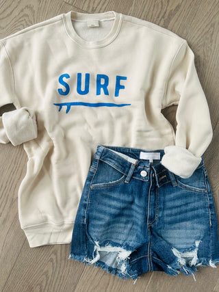 Heather Dust Surf Sweatshirt featuring ribbed cuffs and waistband, and a classic crew neck and butter-soft fabric.