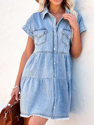 Denim Dress, with Tiered Style Button Down Front , Raw Hem , and Short Sleeves with 2 Front Pockets.