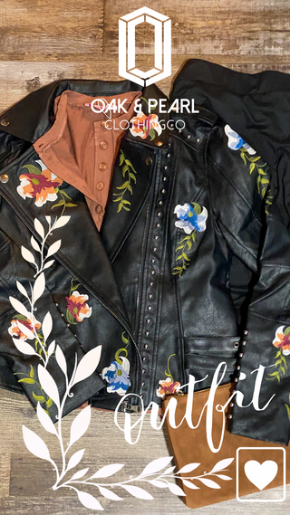 Chevelle Moto-Style Fit Jacket in Black with floral embroidery and silver studs.