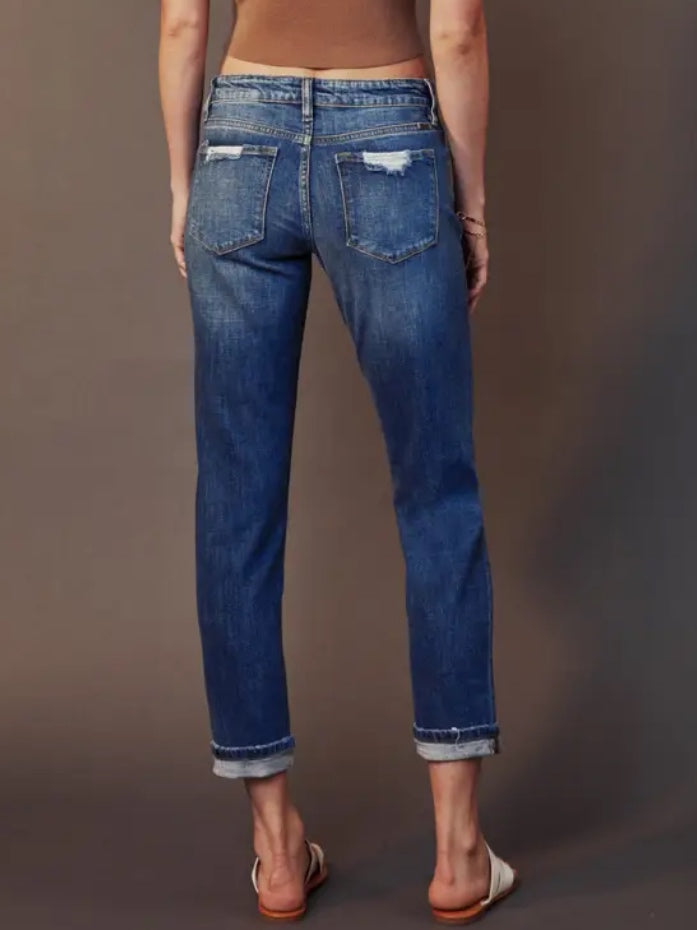 Bryce Kancan jeans , comfort relaxed fit with cuffed hem if you choose , and distressed look at the knee and pockets. 