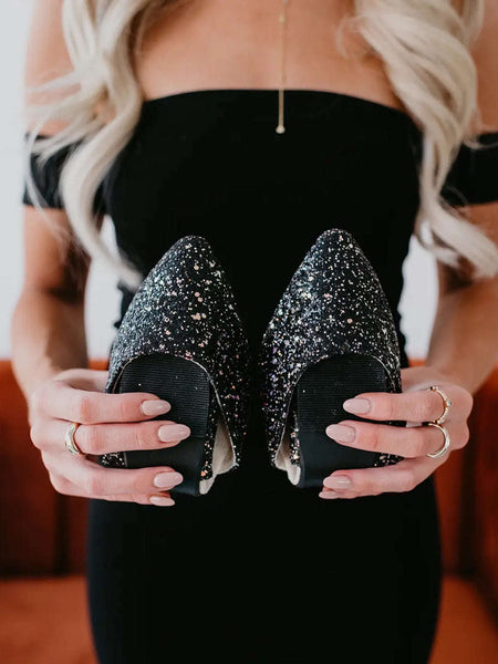 Black sparkle pointed d'orsay flats Every pair comes with a high-heel carrying bag , and comes with a complimentary heel pad to customize your perfect fit.