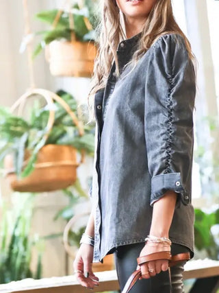 Ruched Sleeve Denim Top with hidden button closure and 100% cotton denim wont go out of style.