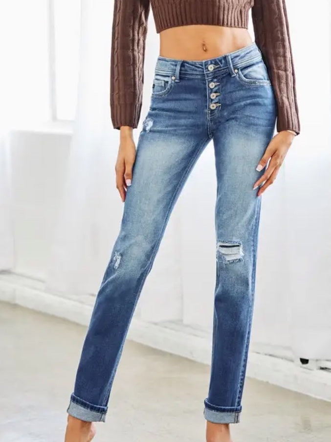 Distressed Kancan straight leg button up jeans