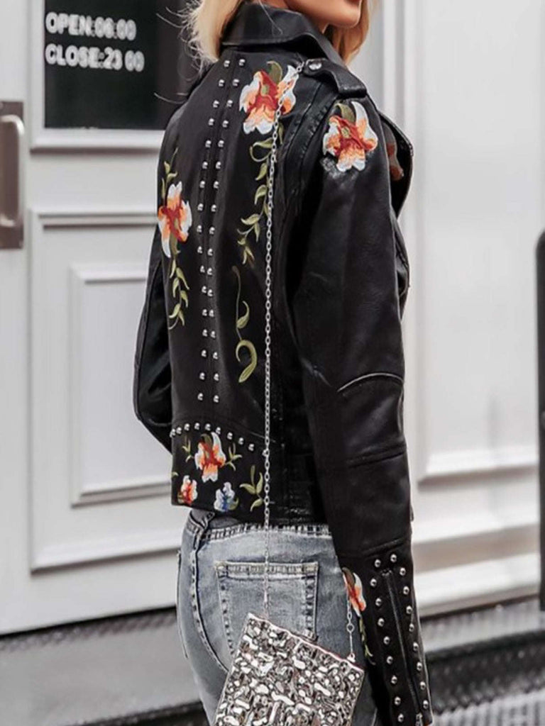 Showing off the Stud Features on the Chevelle Jacket in Black - Floral Elegance and Moto Chic at Oak&Pearl Clothing Co.