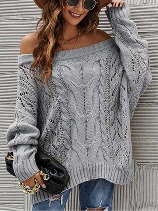 Erica Off The Shoulder Sweater in Grey, it boasts whimsical long balloon sleeves and adjustable boatneck style.