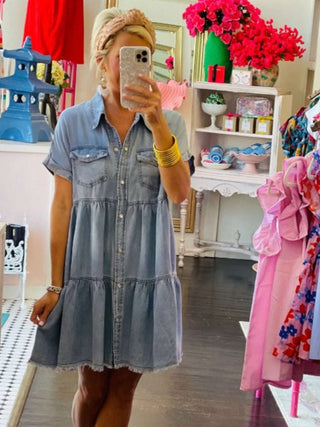 Denim Dress, with Tiered Style Button Down Front , Raw Hem , and Short Sleeves with 2 Front Pockets.