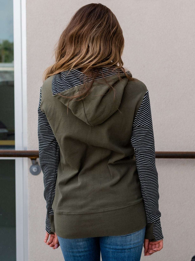 Striped Black and White hoodie with stripes on top of the solid Olive Green bottom, with full zipper, two pockets , light fleece lining, and thumbholes.