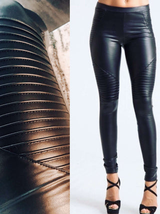 Black Faux -Leather Moto Style Ribbing on Leg, Elastic Waist Leggings.