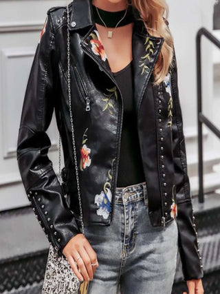 Chevelle  Moto -Style Jacket in Black with floral embroidery and silver studs.