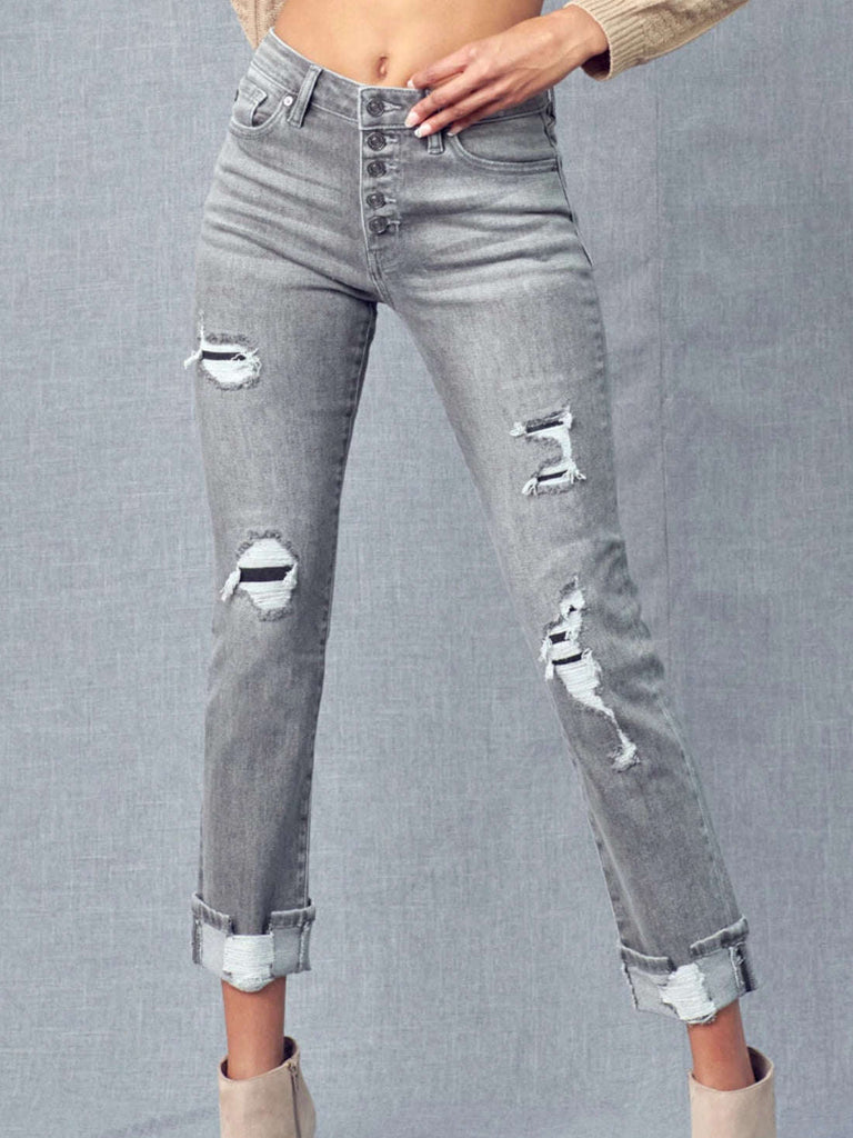 Kancan grey button up straight and slim cropped jeans with distressing 