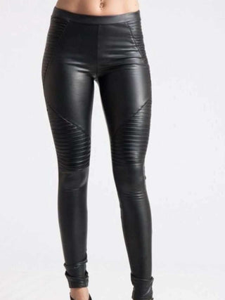 Black Faux -Leather Moto Style Ribbing on Leg, Elastic Waist Leggings.