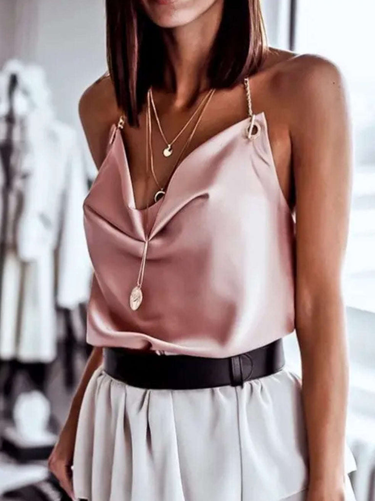 Pink Tank Top features a metal chain halter strap that affixes to the edges of the silky fabric, with elastic across the back.