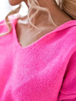 Fuchsia Colour V-Neck Sweater with Drawstring waist and Hood .