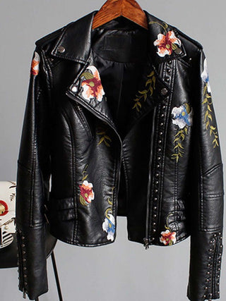 Chevelle Moto-Style Fit Jacket in Black with floral embroidery and silver rivets.