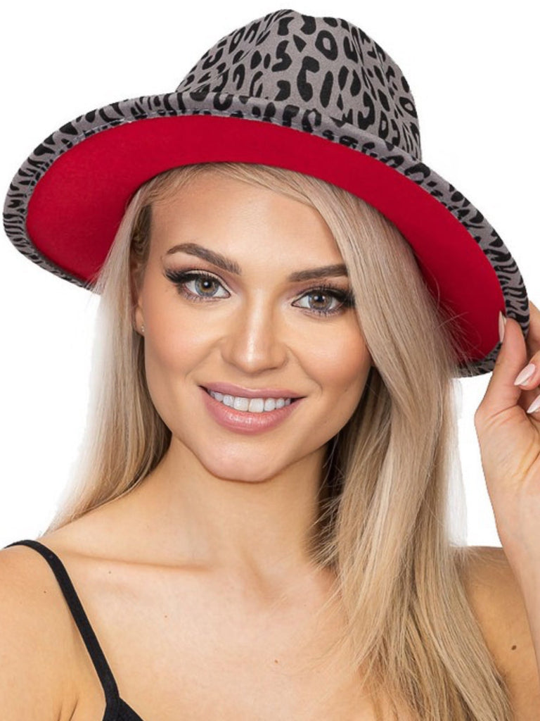 Wide Brimmed Style Fedora Hat with leather belt detail and felt fabric and pop of red will make your outfit on point.