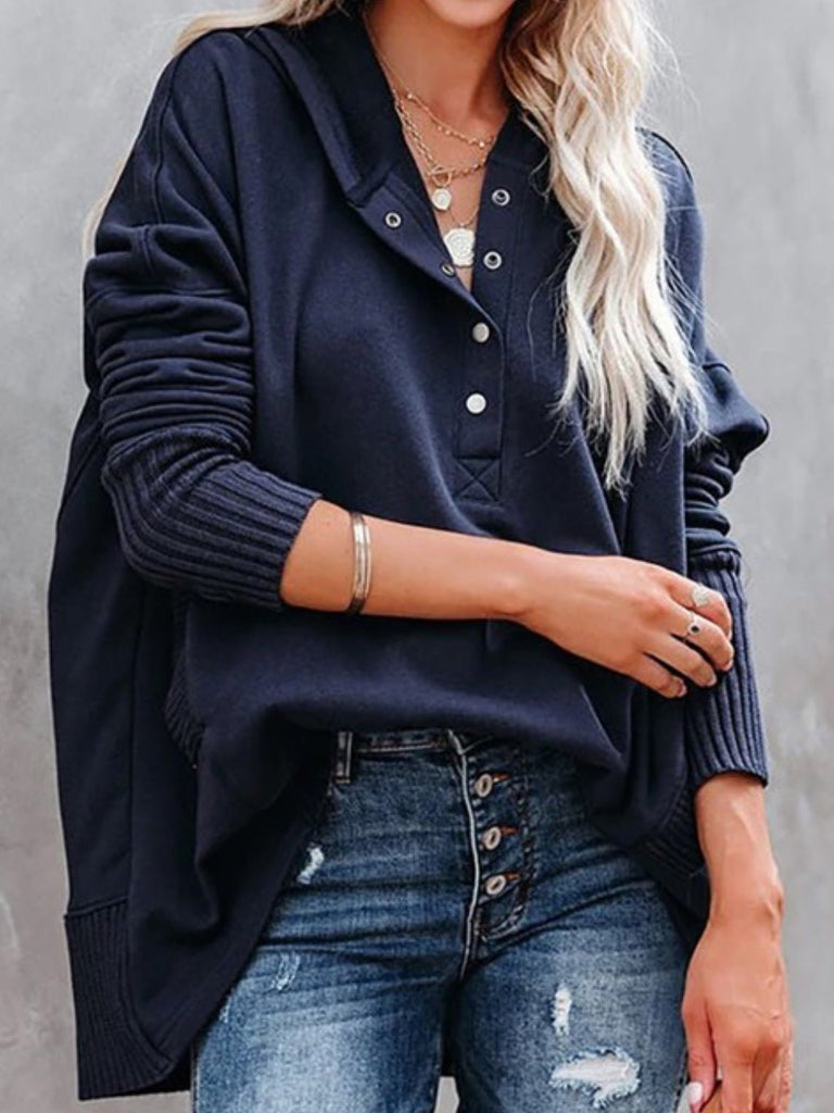 Navy Oversized Henley Hoodie with Front snaps, ribbed cuffs with long sleeves and convenient pockets.